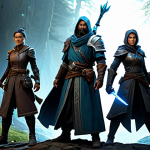 A diverse group of four fantasy adventurers, fully clothed in professional, modest, and appropriate adventuring attire, stand in a dynamic, strategic formation on a mystical, elemental battlefield. One character is casting a glowing energy, illustrating elemental synergy. The setting features subtle, non-violent magical effects, hinting at powerful elemental reactions. The characters possess perfect anatomy, correct proportions, and natural poses with well-formed hands and proper finger count. Professional photography, cinematic lighting, high detail, high quality, safe for work, appropriate content, family-friendly.
