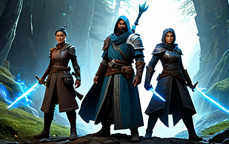 A diverse group of four fantasy adventurers, fully clothed in professional, modest, and appropriate adventuring attire, stand in a dynamic, strategic formation on a mystical, elemental battlefield. One character is casting a glowing energy, illustrating elemental synergy. The setting features subtle, non-violent magical effects, hinting at powerful elemental reactions. The characters possess perfect anatomy, correct proportions, and natural poses with well-formed hands and proper finger count. Professional photography, cinematic lighting, high detail, high quality, safe for work, appropriate content, family-friendly.