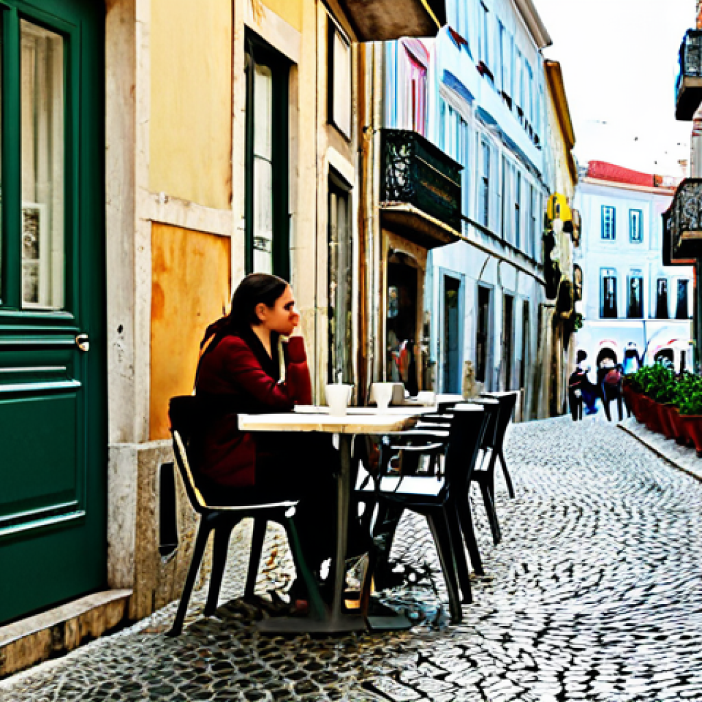 Modern Lisbon Cafe**

"A bustling cafe scene in Lisbon, Portugal. A young woman, fully clothed in a stylish but modest dress and comfortable shoes, sits at an outdoor table, sipping a 'bica' (espresso). Sunlight streams through the colorful buildings in the Alfama district in the background. Cobblestone streets and potted plants add to the charm.  safe for work, appropriate content, professional photography, perfect anatomy, correct proportions, natural pose, well-formed hands, proper finger count, family-friendly, high detail, realistic."

**