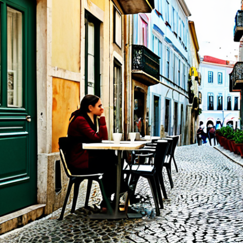 Modern Lisbon Cafe**

"A bustling cafe scene in Lisbon, Portugal. A young woman, fully clothed in a stylish but modest dress and comfortable shoes, sits at an outdoor table, sipping a 'bica' (espresso). Sunlight streams through the colorful buildings in the Alfama district in the background. Cobblestone streets and potted plants add to the charm.  safe for work, appropriate content, professional photography, perfect anatomy, correct proportions, natural pose, well-formed hands, proper finger count, family-friendly, high detail, realistic."

**