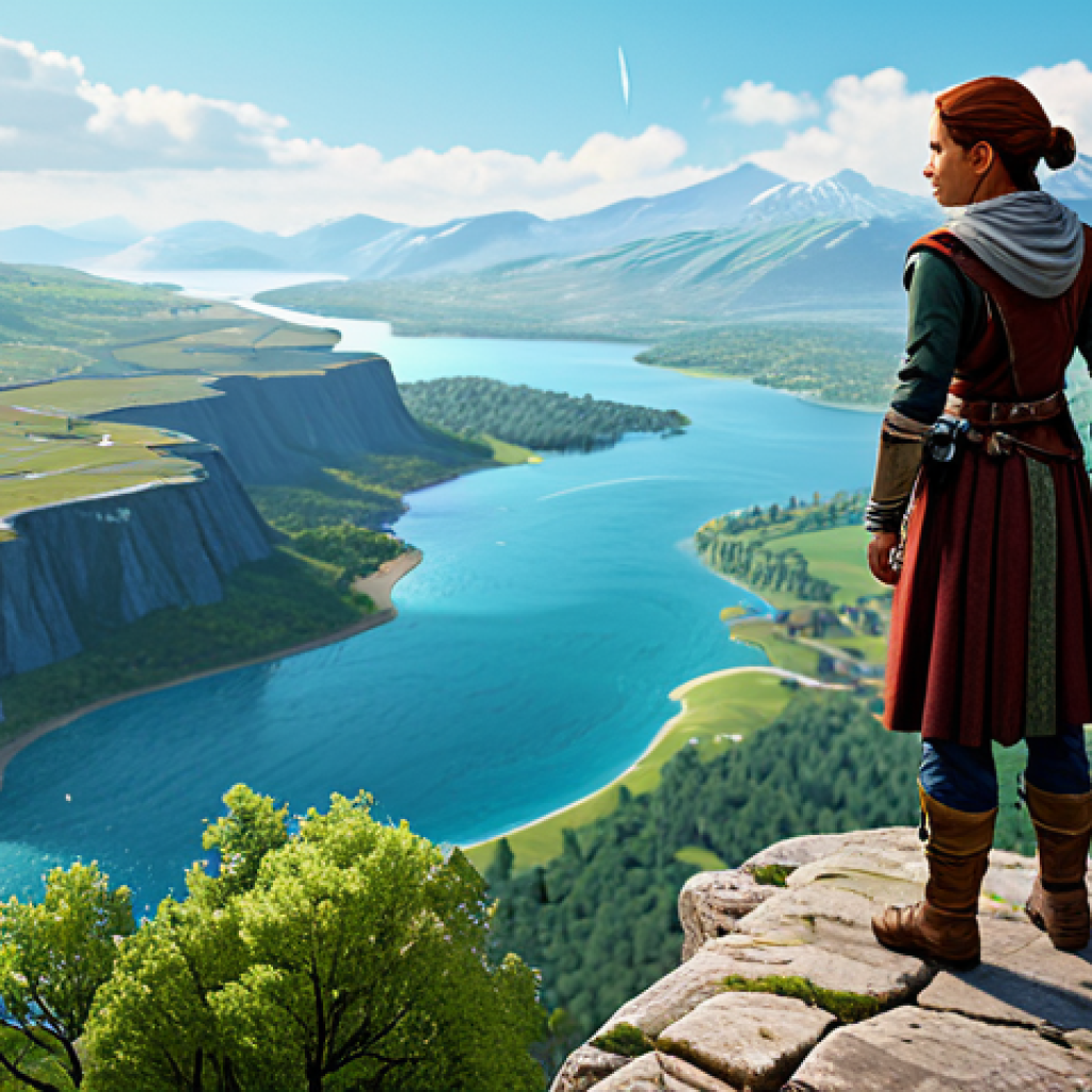 Adventurer Exploring Teyvat**

A fully clothed female adventurer with a determined expression, wearing modest but practical fantasy attire, standing atop a high cliff overlooking a vibrant, lush landscape in Teyvat. In the background, there are rolling hills, a sparkling lake, and distant mountains. The scene is rendered in a style reminiscent of concept art for a video game, focusing on exploration and wonder. Safe for work, appropriate content, family-friendly, perfect anatomy, correct proportions, natural pose.

**