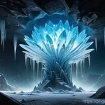 원신 월드 보스 위치 - **Prompt:** A colossal Cryo Regisvine, a giant ice flower monster, dominates a dimly lit, icy cavern...