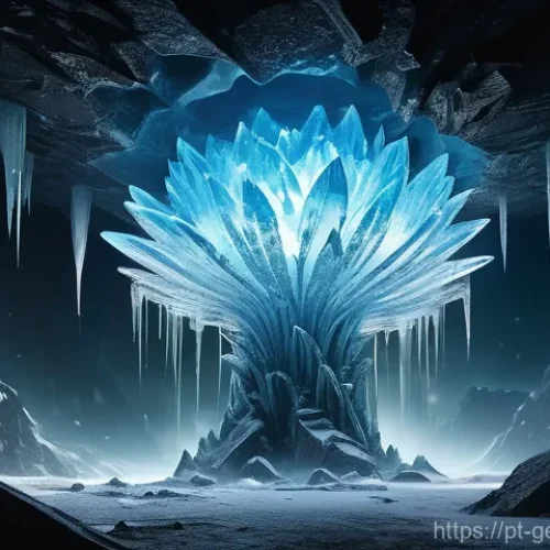원신 월드 보스 위치 - **Prompt:** A colossal Cryo Regisvine, a giant ice flower monster, dominates a dimly lit, icy cavern...