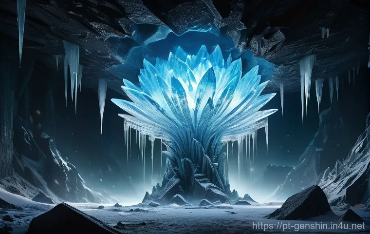 원신 월드 보스 위치 - **Prompt:** A colossal Cryo Regisvine, a giant ice flower monster, dominates a dimly lit, icy cavern...