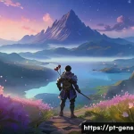원신 플라워 코어 농사 방법 - A serene fantasy landscape at dusk on Seirai Island in Genshin Impact, featuring clusters of glowing...