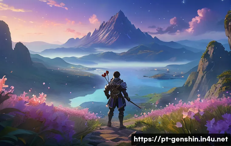 원신 플라워 코어 농사 방법 - A serene fantasy landscape at dusk on Seirai Island in Genshin Impact, featuring clusters of glowing...