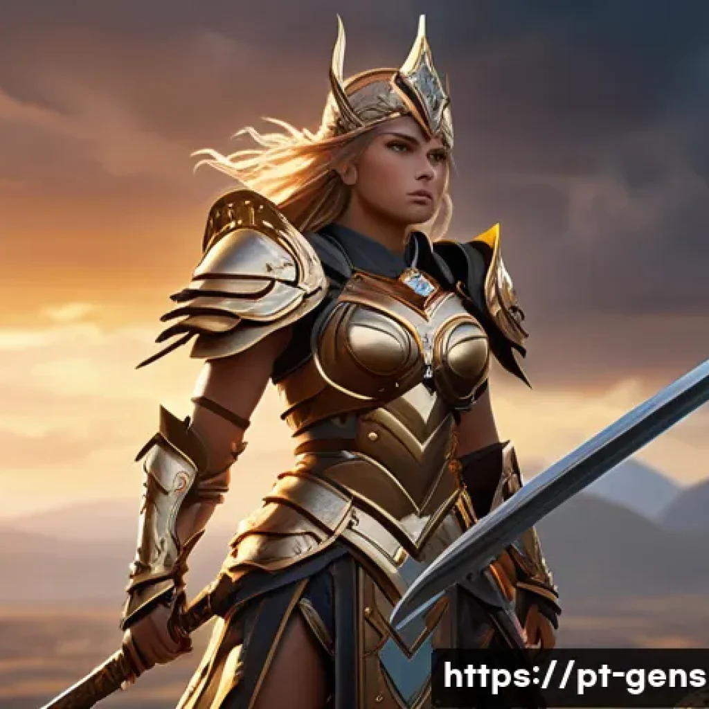 원신 베스트 성유물 조합 - A dynamic fantasy battle scene featuring a powerful female warrior inspired by Genshin Impact’s Glad...