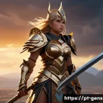 원신 베스트 성유물 조합 - A dynamic fantasy battle scene featuring a powerful female warrior inspired by Genshin Impact&rsquo;s Glad...