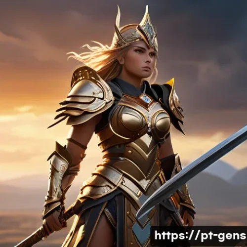 원신 베스트 성유물 조합 - A dynamic fantasy battle scene featuring a powerful female warrior inspired by Genshin Impact&rsquo;s Glad...