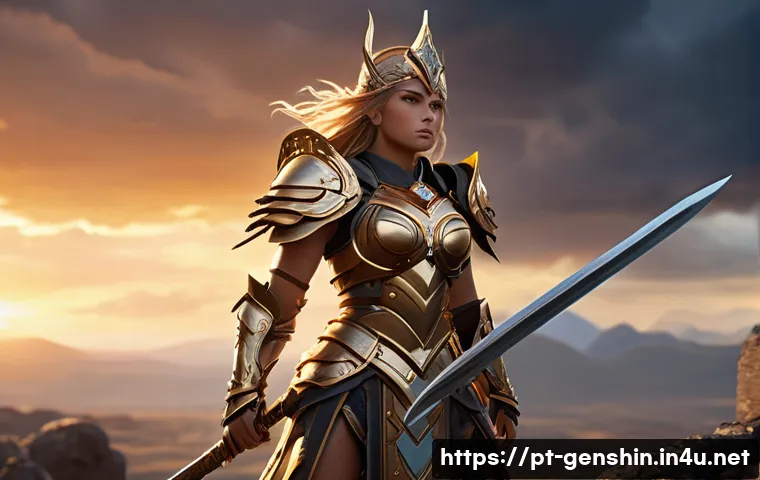 원신 베스트 성유물 조합 - A dynamic fantasy battle scene featuring a powerful female warrior inspired by Genshin Impact’s Glad...