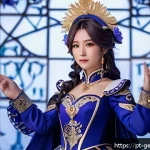 원신 모나 코스튬 구입 방법 - A detailed, high-quality cosplay portrait of Mona from Genshin Impact, wearing a satin and velvet bl...