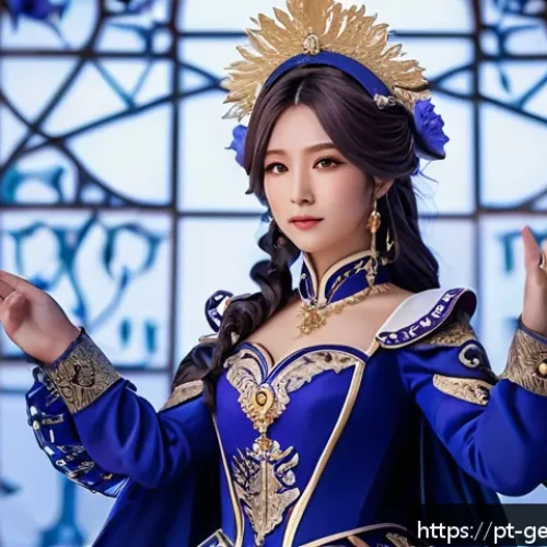 원신 모나 코스튬 구입 방법 - A detailed, high-quality cosplay portrait of Mona from Genshin Impact, wearing a satin and velvet bl...