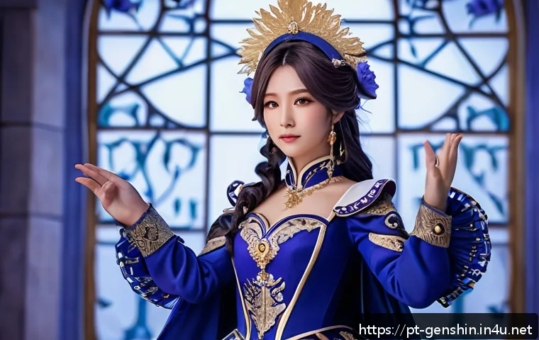 원신 모나 코스튬 구입 방법 - A detailed, high-quality cosplay portrait of Mona from Genshin Impact, wearing a satin and velvet bl...