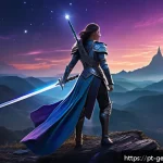 원신 5성 무기 효율 분석 - A detailed fantasy scene showcasing the "Celestial Sword" in a vibrant, ethereal battlefield setting...