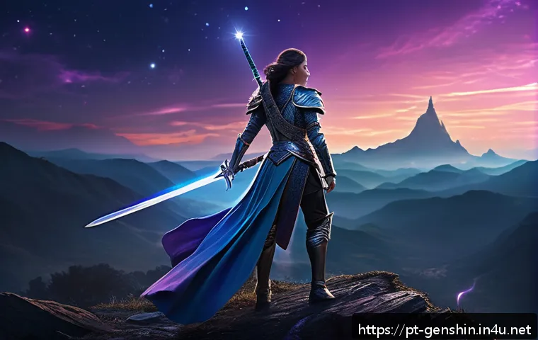 원신 5성 무기 효율 분석 - A detailed fantasy scene showcasing the "Celestial Sword" in a vibrant, ethereal battlefield setting...
