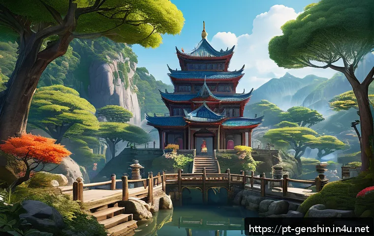 원신 오픈월드 게임 비교 분석 - A vibrant fantasy landscape inspired by Genshin Impact, featuring diverse regions blending tradition...