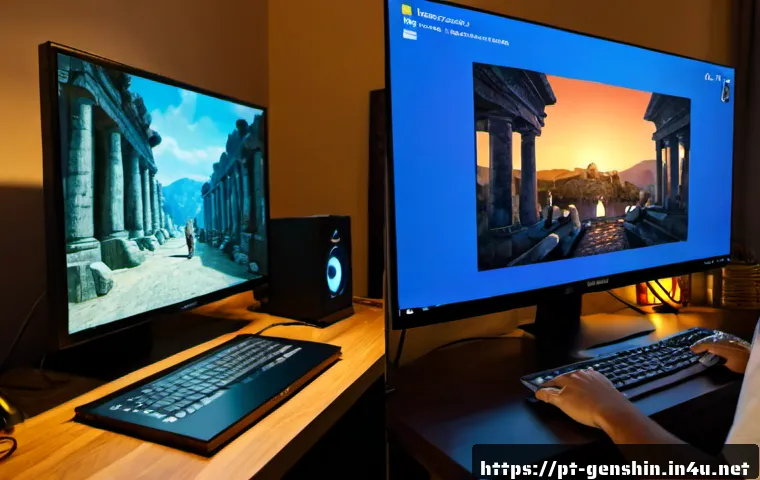 Home 17 원신 스토리와 애니메이션 비교 - Photorealistic split-screen comparison scene, a Brazilian young adult gamer at a clean home desk in ...