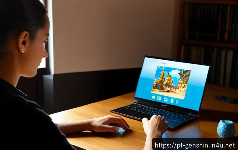 Home 13 원신 공식 자료 다운로드 - Photorealistic home office in Lisbon, Portuguese gamer using a laptop to download a fantasy adventur...