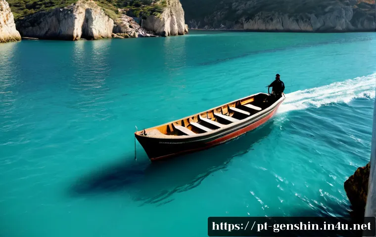 Home 15 원신 해상 운송 임무 팁 - Photorealistic coastal cargo transport mission scene, a small wooden boat loaded with sealed crates ...