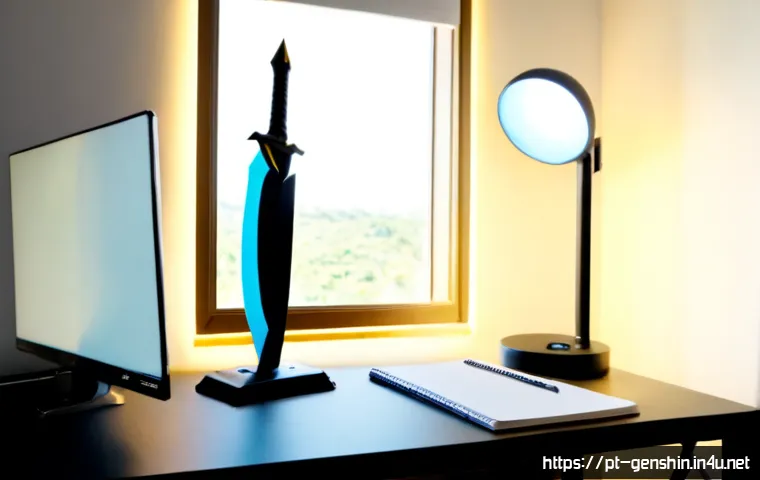 원신 전용 무기 비교 분석 - Photorealistic gaming analysis desk in a modern Brazilian home office, two elegant fantasy sword rep...